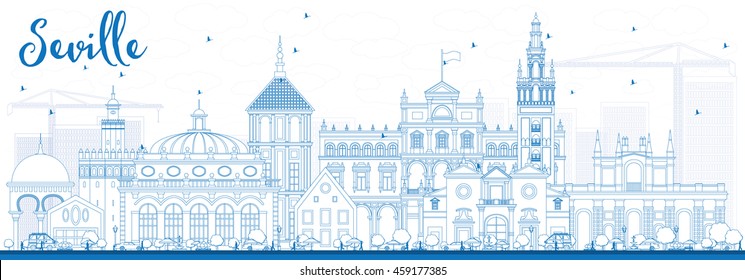 Esquema de Sevilla Skyline con edificios azules. Ilustración vectorial. Concepto de viajes de negocios y turismo con edificios históricos. Imagen de Presentación Placard Banner y Sitio Web.