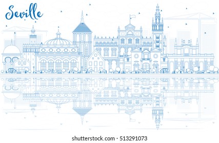 Outline Seville Skyline with Blue Buildings and Reflections. Vector Illustration. Business Travel and Tourism Concept with Historic Architecture. Image for Presentation Banner Placard and Web Site.