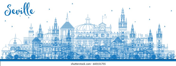 Outline Seville Skyline with Blue Buildings. Vector Illustration. Business Travel and Tourism Concept with Historic Buildings. Image for Presentation Banner Placard and Web Site.