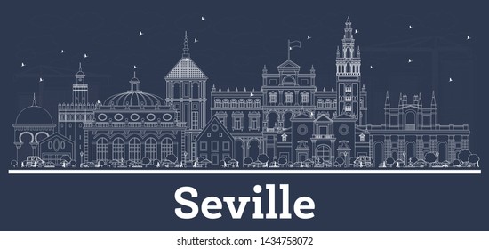 Esbozo de Sevilla España City Skyline con Edificios Blancos. Ilustración vectorial. Concepto de viajes de negocios y turismo con arquitectura histórica. El paisaje urbano de Sevilla con monumentos. 