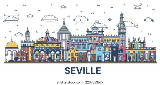 Outline Seville Spain City Skyline with Colored Historic Buildings Isolated on White. Vector Illustration. Seville Cityscape with Landmarks.