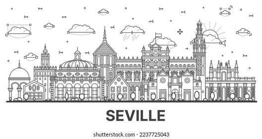 Outline Seville Spain City Skyline with Historic Buildings Isolated on White. Vector Illustration. Seville Cityscape with Landmarks.