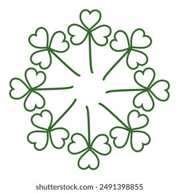 Outline shamrocks in shape of circle isolated on white background Copyspace. Wreath of clover leaves