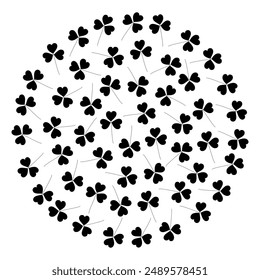 Outline Shamrocks in a shape of circle. Round monochrome background Texture. Isolated on transparent