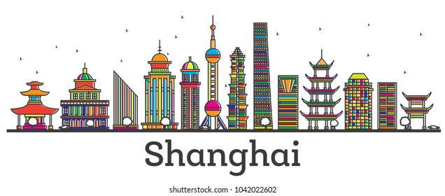 Outline Shanghai China City Skyline with Modern Buildings Isolated on White. Vector Illustration. Shanghai Cityscape with Landmarks.