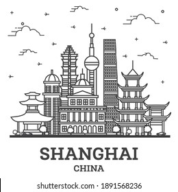 Outline Shanghai China City Skyline with Historic Buildings Isolated on White. Vector Illustration. Shanghai Cityscape with Landmarks.