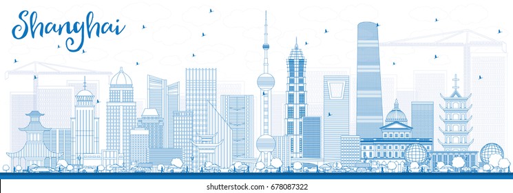 Skyline von Shanghai mit Blue Buildings. Vektorgrafik. Business Travel and Tourism Konzept mit moderner Architektur. Bild für Präsentationsbanner-Platzierung und Website