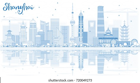 Skyline von Shanghai mit Blauen Gebäuden und Spiegelungen. Vektorgrafik. Business Travel and Tourism Konzept mit moderner Architektur. Bild für Präsentationsbanner-Platzierung und Website.