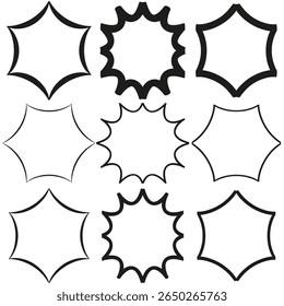 Contorno do conjunto de formas. Contornos de estrelas sortidos. Fundo branco. Ilustração vetorial.