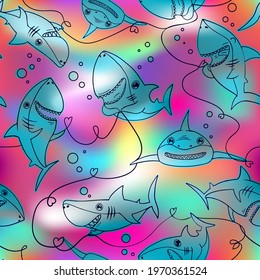 Outline shark seamless pattern. Colorful rainbow background with funny cartoon sharks character.