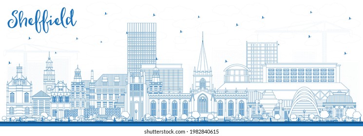 Outline Sheffield UK City Skyline with Blue Buildings. Vector Illustration. Sheffield South Yorkshire Cityscape with Landmarks. Business Travel and Tourism Concept with Historic Architecture.