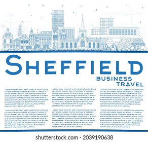 Outline Sheffield UK City Skyline with Blue Buildings and Copy Space. Vector Illustration. Sheffield South Yorkshire Cityscape with Landmarks. Travel and Tourism Concept with Historic Architecture.