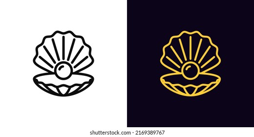 Outline shell icon, with editable stroke. Open shell silhouette with pearl, seashell pictogram. Luxury pearl, sea gem, marine jewel, ocean oyster and scallop. Vector icon for UI and Animation