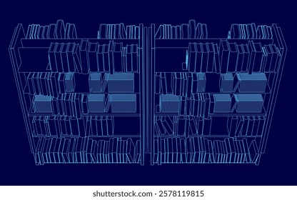 Outline of shelves with many books. Front view. Vector illustration.