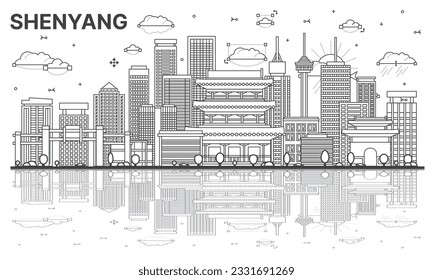 Outline Shenyang China City Skyline with Reflections, Modern and Historic Buildings Isolated on White. Vector Illustration. Shenyang Cityscape with Landmarks.
