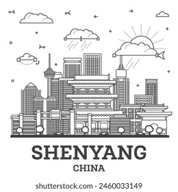 Outline Shenyang China City Skyline with Modern and Historic Buildings Isolated on White. Vector Illustration. Shenyang Cityscape with Landmarks.