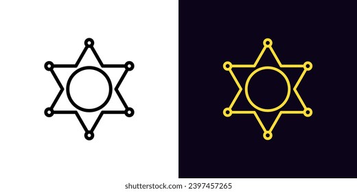 Outline sheriff star icon, with editable stroke. Sheriff badge, police department and officer sign, law star. Gaming cowboy western, Wild West. Wanted star, game pursuit and chasing. Vector icon