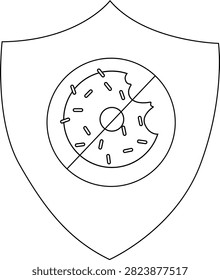 Outline of a shield containing a doughnut bisected by a line with a bite taken out and sprinkled with decoration