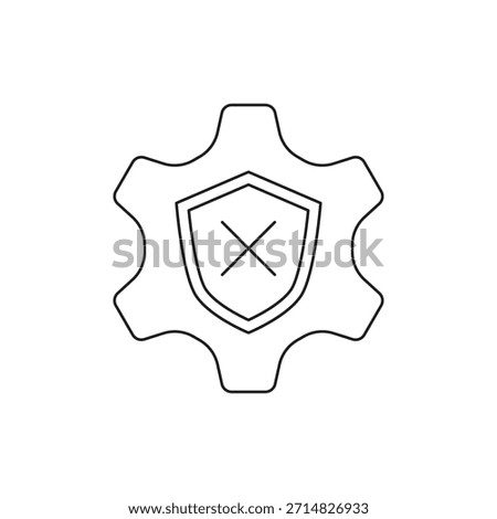 An outline shield icon with a gear and an X mark inside, signifying security configuration removal, failed protection, or disabled safety settings.