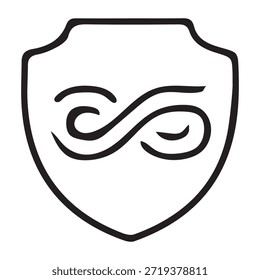 Icono de escudo de contorno con símbolo de onda infinita. Concepto de protección, seguridad y longevidad sin fin.