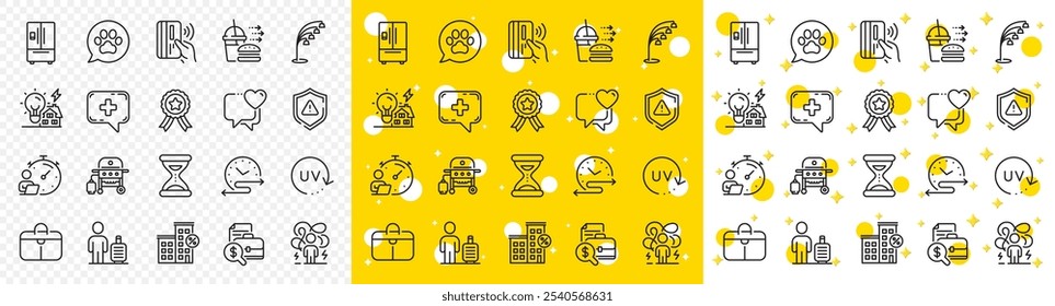 Outline Shield, Time schedule and Refrigerator line icons pack for web with Medical chat, Heart, Loan house line icon. Food delivery, Contactless payment, Floor lamp pictogram icon. Vector