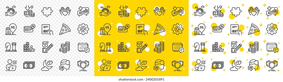 Contorno escudos, Pago e iconos de línea de realidad aumentada empaque para web con Pizza, Casilla de verificación, icono de línea de estadísticas Seo. Cashback, Monedas, icono del pictograma de inventario. Rompecabezas, ajedrez, votación en línea. Vector