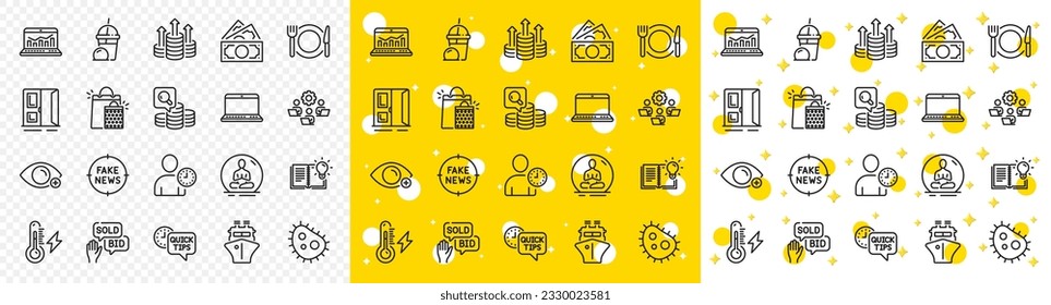 Outline Ship, Farsightedness and Teamwork line icons pack for web with Open door, Money, Electricity power line icon. Ice cream milkshake, Bacteria, Shopping bags pictogram icon. Vector