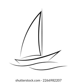 Contorno de un barco sobre las olas, vector plano, aislado sobre blanco, dibujo de contorno, silueta