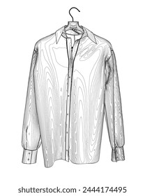 Camisa de perfil con cuello de Botón aislado en blanco. Contorno de una camisa de manga larga colgando de una percha hecha de líneas negras aisladas sobre un fondo blanco. Ilustración vectorial.