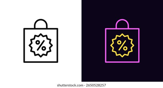 Outline shop bag icon, with editable stroke. Shopping handbag with percent icon, discount tag. Promo sale, shopping bag, discount price to benefit purchase, bonus offer, discount coupon. Vector icon