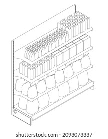 Outline of shop rack with goods from black lines isolated on white background. Bags, packaging, bottles. Isometric view. Vector illustration