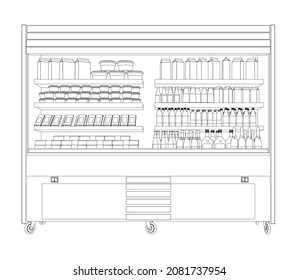 Outline of a shop refrigerator with bottles and other packaging from black lines isolated on a white background. Front view. Vector illustration