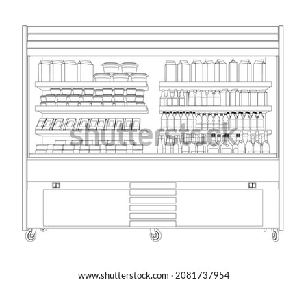 Outline of a shop refrigerator with bottles and other packaging from black lines isolated on a white background. Front view. Vector illustration