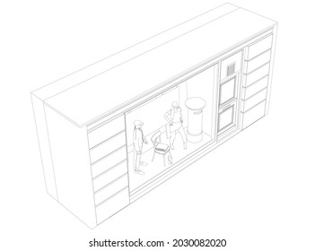 Outline of a shop window with mannequins in clothes made of black lines isolated on a white background. Isometric view. Vector illustration