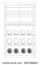 Outline of a shop window with plates and groceries from black lines isolated on a white background. Shop counter with kitchen utensils. Front view. Vector illustration