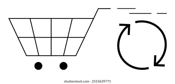 Outline of a shopping cart beside a recycling symbol with arrows. Ideal for themes of eco-friendly shopping, sustainability, environmental awareness, waste reduction, and green consumerism. Simple