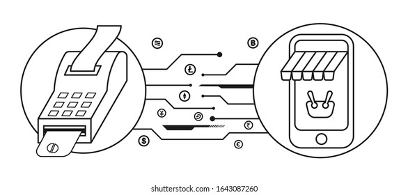 Outline shopping and payment online. credit card swipe machine and Banking shopping mobile phone. Vector illustration,stroke, thin line