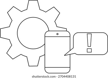 Outline shows gear smartphone and speech bubble with exclamation point