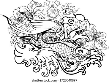 Outline Siamese fighting fish or betta fish swimming in Japanese wave with peony and daisy flowers for hand drawn tattoo art design in  geometric and circular ornament frame