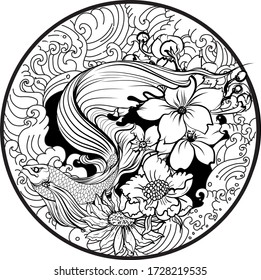 Outline Siamese fighting fish or betta fish swimming in Japanese wave with peony and daisy flowers for hand drawn tattoo art design in  geometric and circular ornament frame