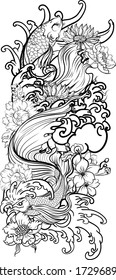 Outline Siamese fighting fish or betta fish swimming in Japanese wave with peony and daisy flowers for hand drawn tattoo art design in  geometric and circular ornament frame