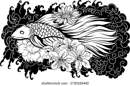 Outline Siamese fighting fish or betta fish swimming in Japanese wave with peony and daisy flowers for hand drawn tattoo art design in  geometric and circular ornament frame