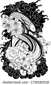 Esbozar peces siameses de lucha o betta nadando en olas japonesas con flores de peonía y margarita para el diseño de arte de tatuajes dibujado a mano en marco de ornamento geométrico y circular