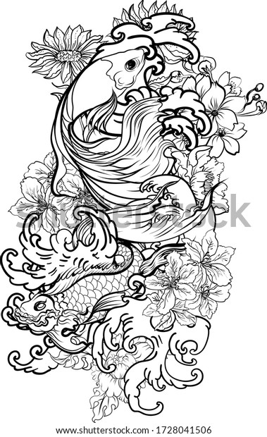 Outline Siamese fighting fish or betta fish\
swimming in Japanese wave with peony and daisy flowers for hand\
drawn tattoo art design in  geometric and circular ornament\
frame.Arm sleeve\
tattoo