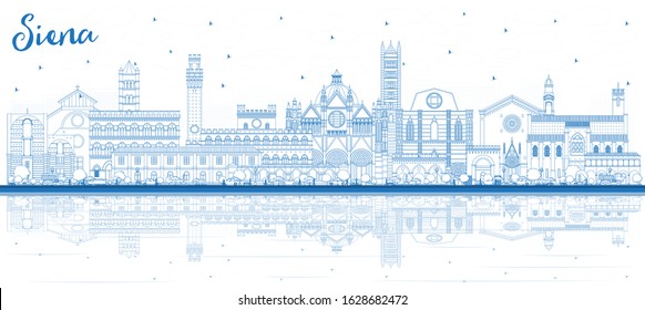 Outline Siena Tuscany Italy City Skyline with Blue Buildings and Reflections. Vector Illustration. Business Travel and Concept with Historic Architecture. Siena Cityscape with Landmarks.