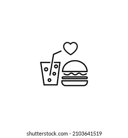 Outline sign related to heart and romance. Editable stroke. Modern sign in flat style. Suitable for advertisements, articles, books etc. Line icon of heart over hamburger and sugar sparkling water
