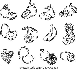Outline signs for organic food store , Hand drawn vector icons Fruits