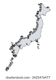 Mapa 3D de Japón aislado sobre una bandera blanca japonesa de sol naciente