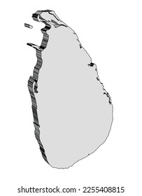 Outline silhouette 3D map of Sri Lanka on a white background