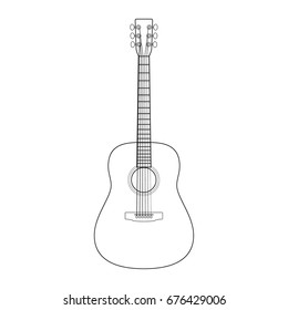 Outline silhouette of acoustic guitar, stringed musical instrument, vector illustration